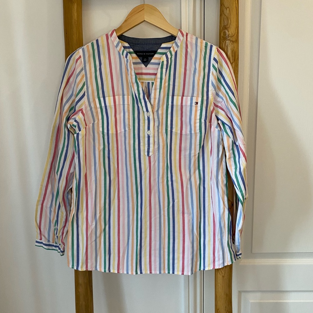 Tommy Hilfiger Long Sleeve Striped Multi-Color Rainbow Shirt Sz L Preppy 90s